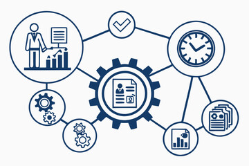 Blue and white icons, human resources symbols, business management graphics, employee icons, document icons, finance symbols, recruitment imagery, workplace concepts, organizational chart icons, profe