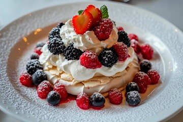 Delightful meringue dessert topped with fresh berries and whipped cream at a cozy caf&eacute;