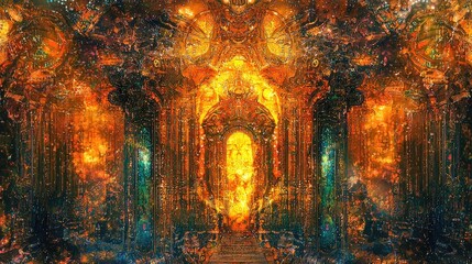 Obraz premium Ornate fantasy doorway with intricate glowing details in a magical setting. Vibrant colors and rich textures create a mystical atmosphere. Generative by AI