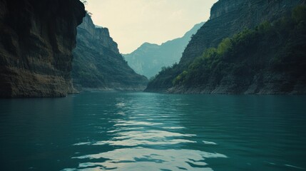 Calm river flowing through a majestic canyon, serene landscape, travel photography