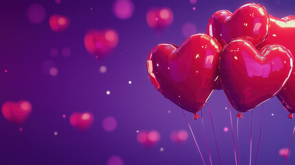 A Valentine's Day background,  heart-shaped balloons floating in the air, set against an elegant purple background, love is in the air, empty space for the text