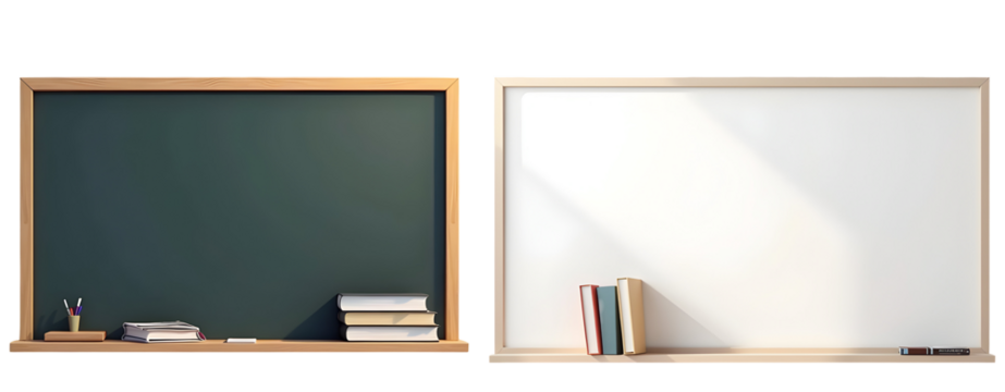 Empty classroom boards, ready for learning. Books and pencils sit neatly below, inviting students to engage in knowledge exploration., cut out,transparent background