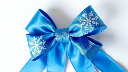 Festive Blue Ribbon Bow with Silver Snowflake Design