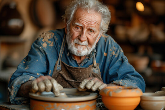 Senior potter working on pottery wheel in his pottery workshop