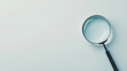 Magnifying glass placed on a minimalistic empty white background surface
