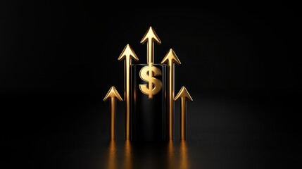 A golden dollar sign surrounded by upward arrows symbolizing financial growth.