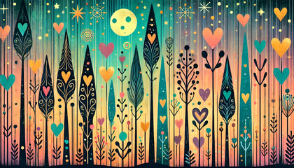 Fantasy Landscape of Heart Trees and Falling Stars.