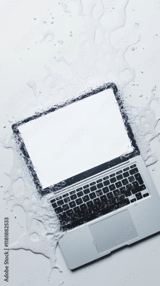 Poster laptop computer with blank white monitor covered by soap bubbles, providing a perfect mockup for des