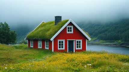Fototapeta premium A traditional Nordic house with grass growing on its roof.