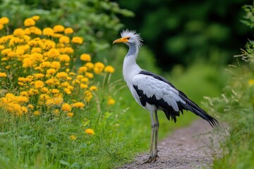 Secretary bird walking with its long legs, showcasing its distinctive features and graceful stride in a savanna or open grassland.