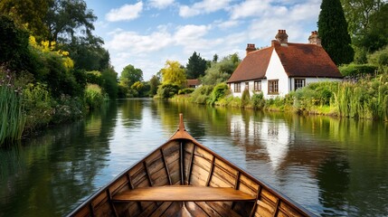 Obraz premium Tranquil Boat Ride Along Riverside Cottage In Scenic Landscape
