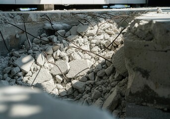Close-up of a demolished concrete floor exposing rusty rebar, highlighting the destruction and renovation process