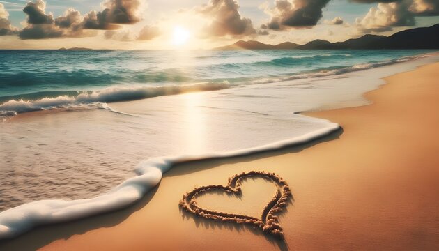 valentines day themed background with a heart drawn in the beach sand and the ocean in the distance.