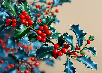 Obraz premium Close-Up of Holly Branch with Red Berries and Green Leaves in Winter