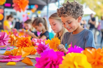 Children engaged in creative paper mask crafting during a hands on workshop outdoors