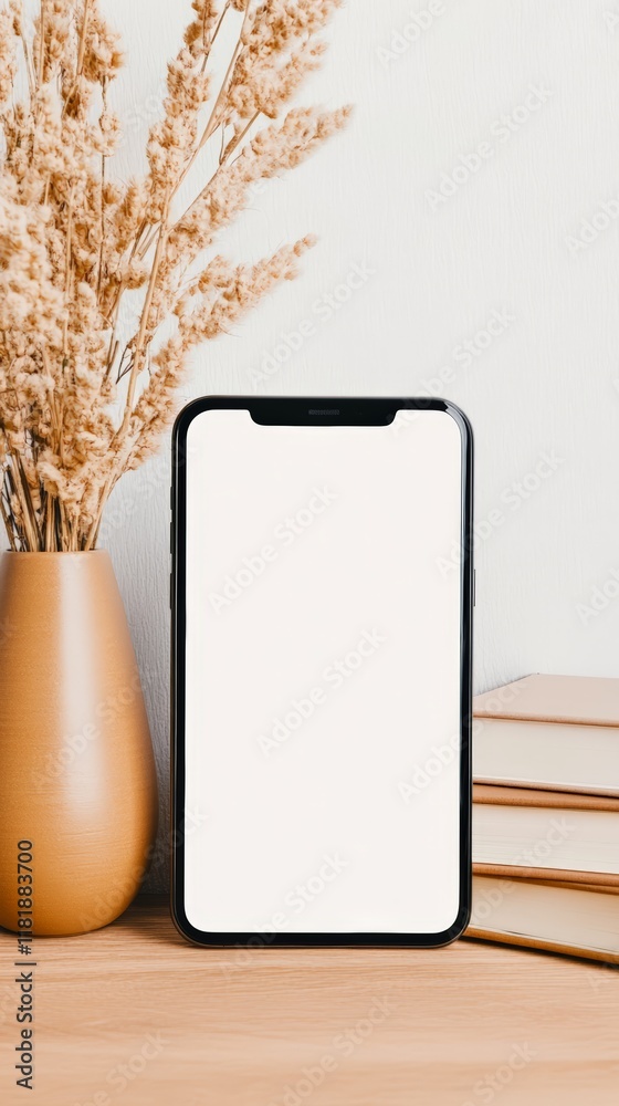 Poster modern smartphone with blank screen standing on wooden table next to vase with dried flowers and sta
