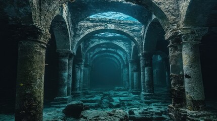 Sunken underwater ancient ruins with stone columns and arches, mysterious dark depths.