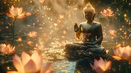 Buddha statue surrounded by blooming lotus flowers and warm sunlight. Spiritual peace and nature in a serene composition. Generative by AI
