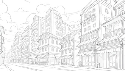 Monochrome Line Art of City Architecture