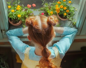 Naklejka premium A young woman with pigtails leans out of an open window, arranging flowers, creating a peaceful, rustic scene.