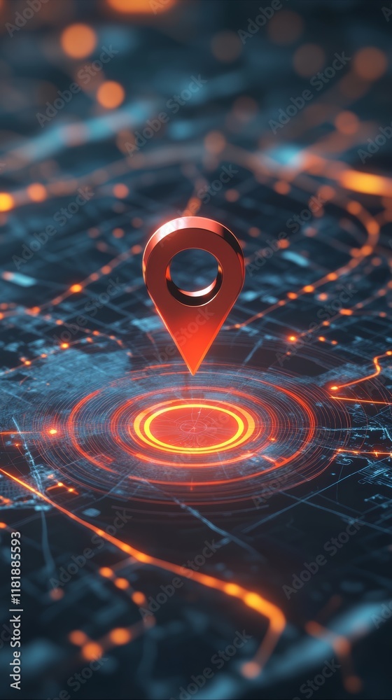 Aufkleber Red location pin pointing destination on futuristic online map with glowing circles and network connections, representing navigation, tracking, and gps technology