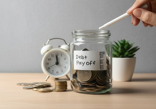 Woman marking progress on debt repayment using labelled jar and coins, symbolizing financial responsibility and savings goals