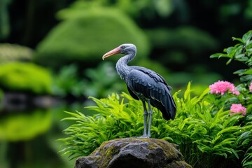 Naklejka premium Shoebill stork standing in a poised position, showcasing its large beak and unique features in a natural wetland or marsh environment.