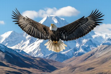 Majestic bald eagle soaring above snow-capped mountains under a clear blue sky