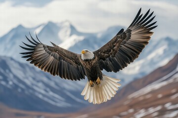 Obraz premium Majestic eagle soaring over snow-capped mountains during golden hour