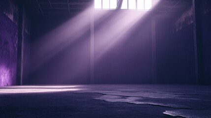 Cinematic industrial space showcase abandoned factory visual art dark violet walls atmospheric lighting