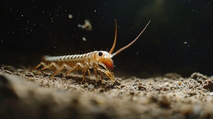 Centipede crawling on soil, illuminated by golden particles in a dark environment. Macro view of nature and insects. Generative by AI.