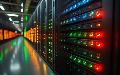 Data center server room with glowing lights. (1)