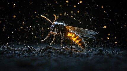 Glowing insect illuminated by golden light against a dark background. Macro photography showcasing intricate details. Generative by AI.