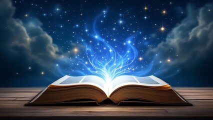 Image of open antique book on wooden table with glitter overlay.