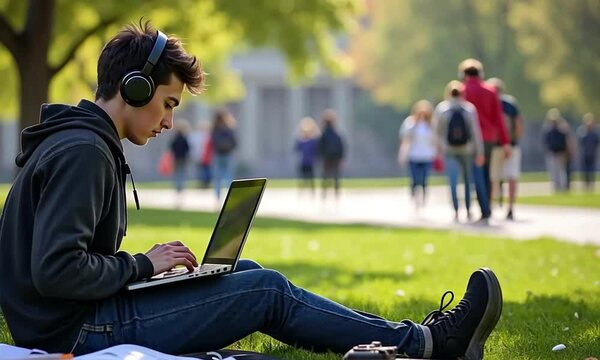 A college student relaxing on grass under a tree, using a laptop and headphones for outdoor study and productivity