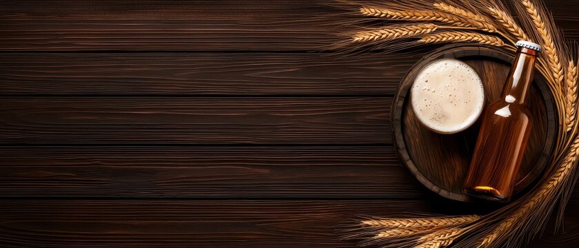 Artisan beer served in a glass, accompanied by fresh barley on rustic wooden background.