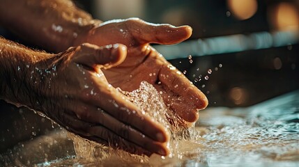Fototapeta premium Scientist washing hands under running water in a lab, emphasizing hygiene and cleanliness. Generative by AI.