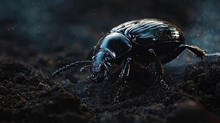 Black beetle on soil, surrounded by soft glowing particles in a dark setting. Macro photography of wildlife. Generative by AI.