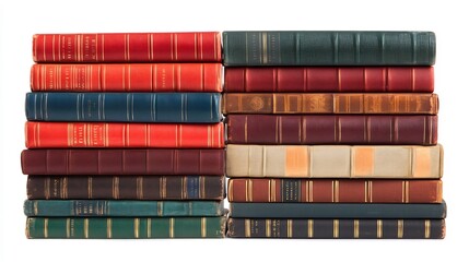 Obraz premium Colorful Stacked Vintage Hardcover Books with Visible Titles on White Background
