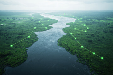 Aerial view of river estuary with green markers along waterway