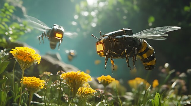 Cybernetic Bees in a Lush Meadow: A Futuristic Nature Scene
