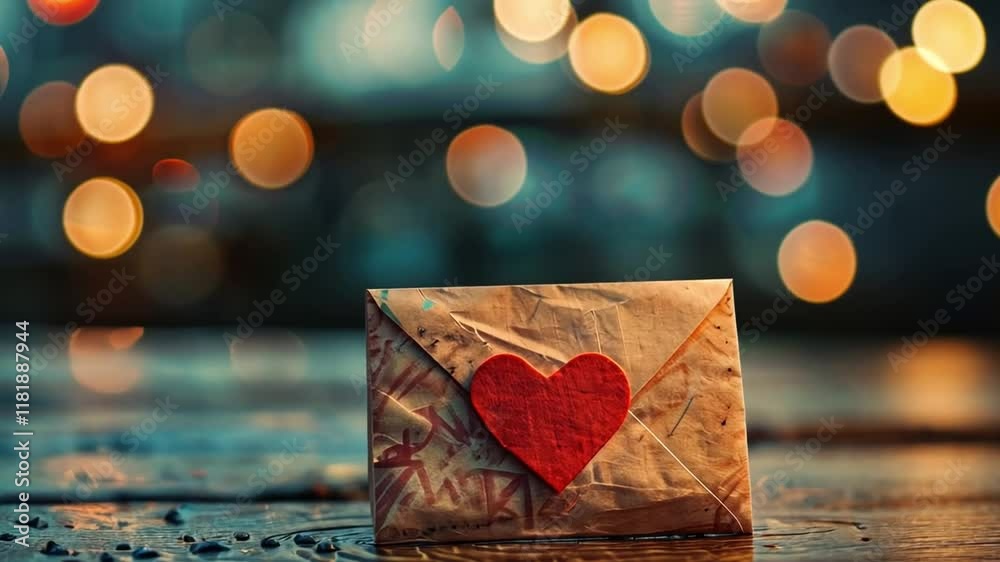 Poster a love letter with a red heart sticker rests on a reflective surface. soft bokeh lights create a war