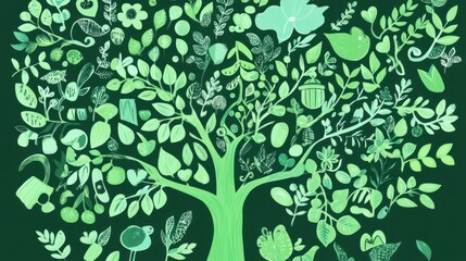 A Lush Green Tree of Life, Exquisitely Detailed Botanical Illustration, Vibrant Green Leaves Art, Nature Inspired Artwork, Eco Friendly Design
