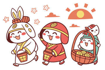 Cartoon Japanese deities, colorful chibi gods, cute Shinto kami, playful mythological characters, whimsical divine beings, kawaii spiritual figures, traditional Japanese folklore, adorable cultural ic
