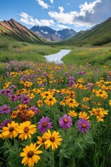 Obraz premium Beautiful wildflower meadow with vibrant blooms and mountains in the background at midday