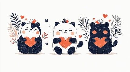 Fototapeta premium Valentine's Day and Chinese New Year concept. Three cute panda illustrations holding hearts among foliage and hearts.