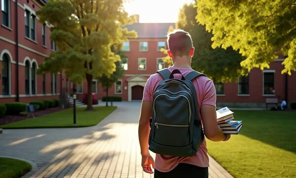 A college student walking through a sunlit campus courtyard with a backpack and books, symbolizing education and progress