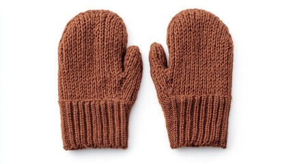 Pair of Woolen Mittens in Warm Brown Tones Photographed on a Plain White Background