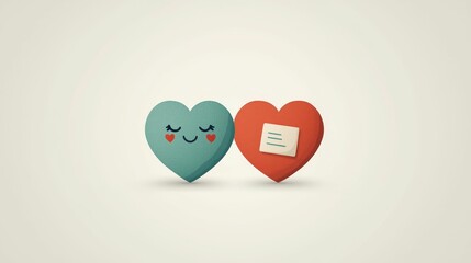 Valentine's Day and Chinese New Year concept. Two cute hearts, one smiling and one with a note, on a soft background.