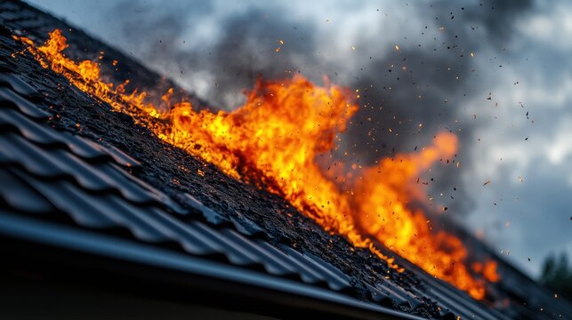 Fire Damage on Intense flames and smoke engulfing a roof, illustrating property damage, fire hazards, insurance claims, emergency response, and risk prevention concepts in residential or commercial.